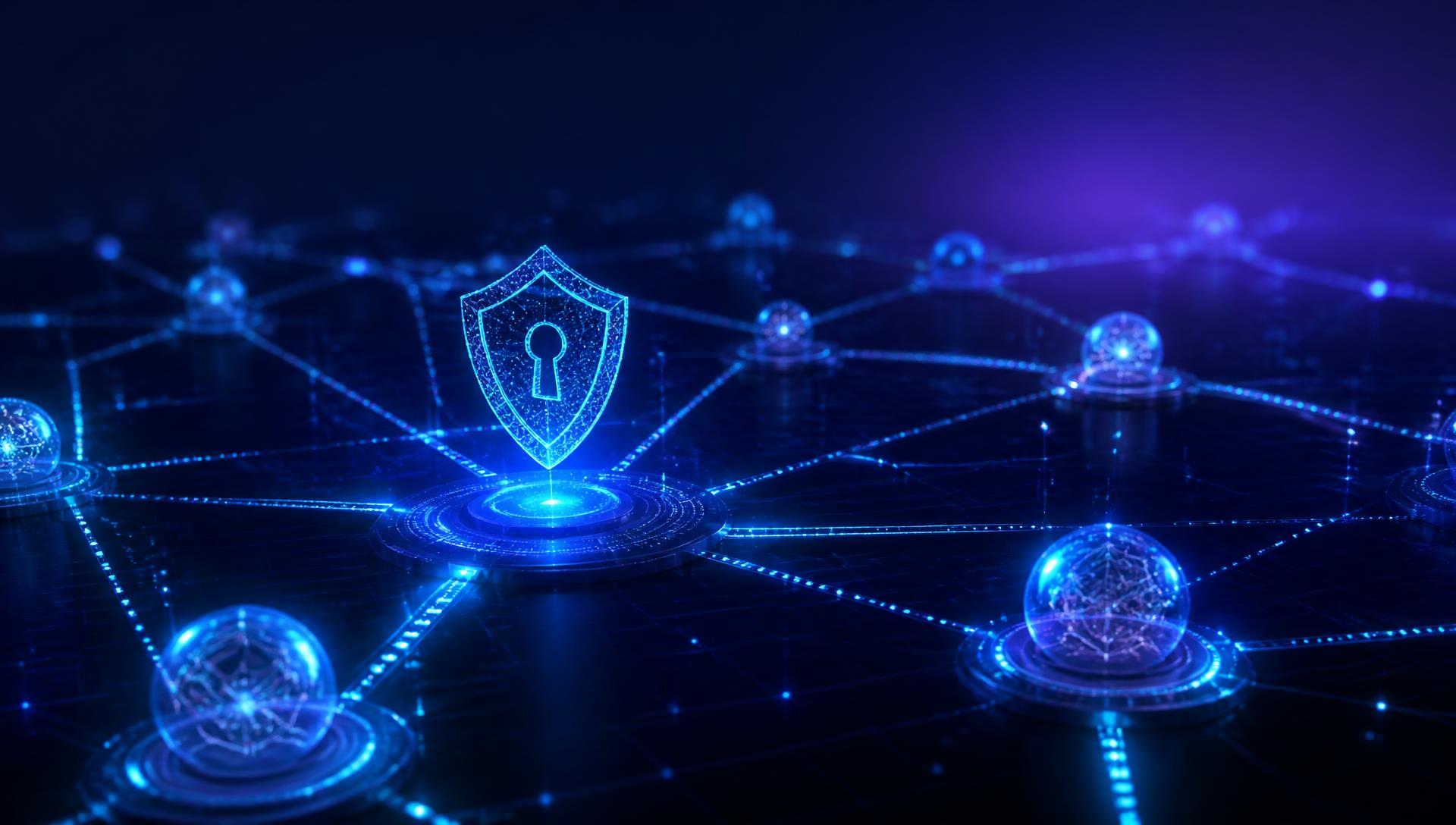 Abstract digital network of glowing nodes representing secure connected systems