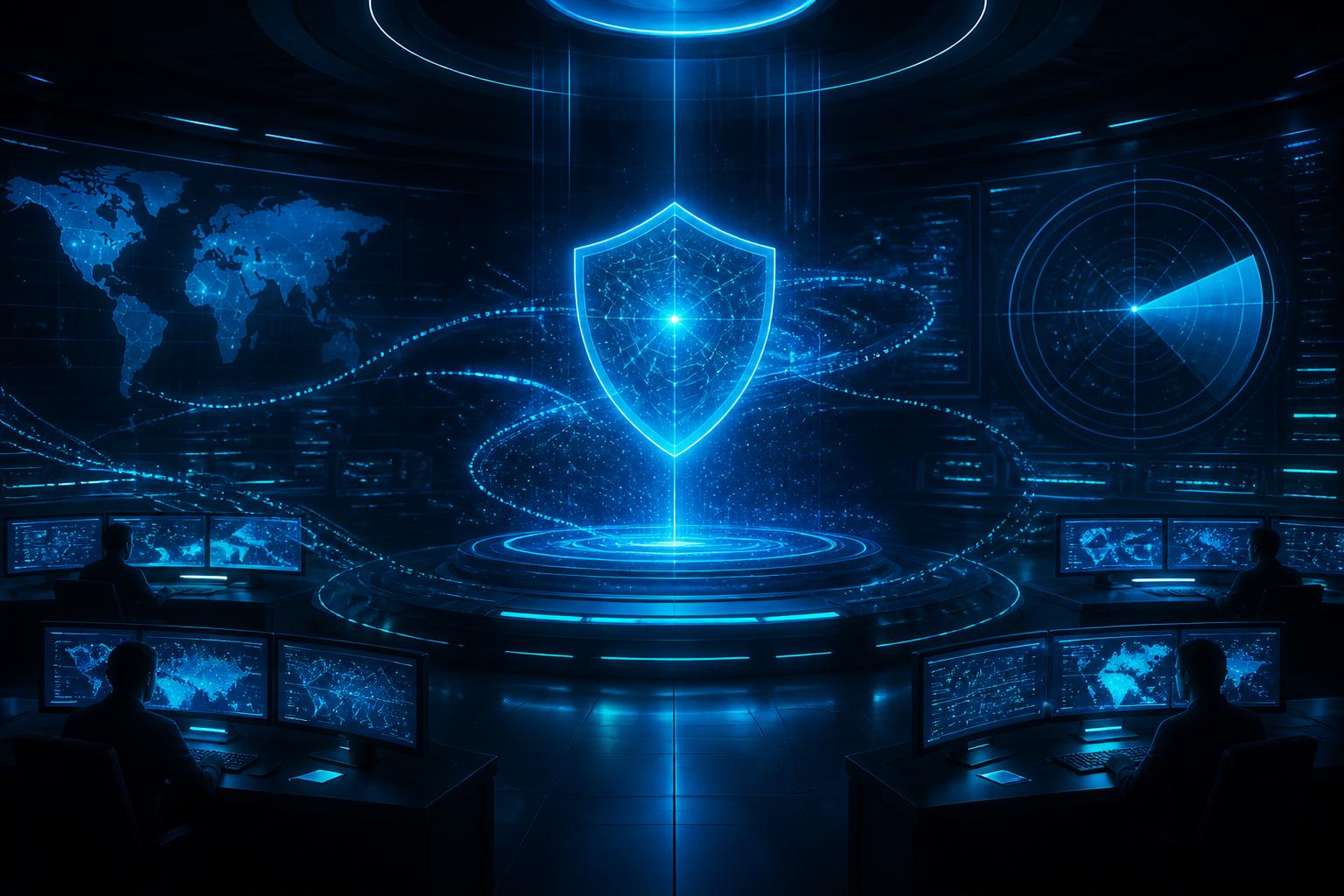 Cybersecurity operations centre with analysts monitoring global threat data